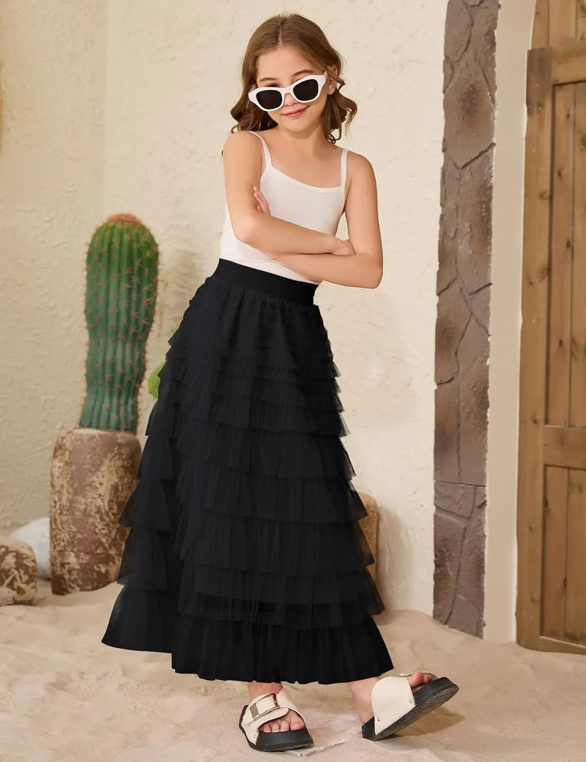 Flygo Tulle Skirts for Girls Long Tutu Skirt A Line Layered Ruffle Tiered Mesh Maxi Skirt Petticoat 5-14 Years