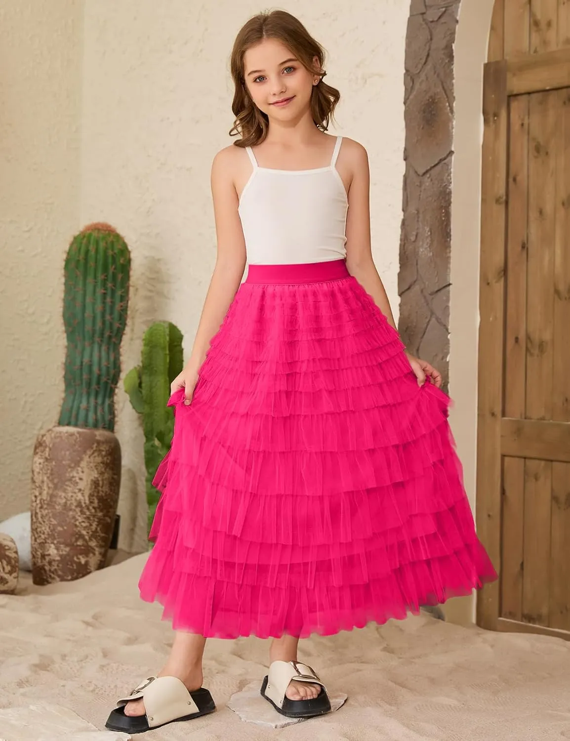Flygo Tulle Skirts for Girls Long Tutu Skirt A Line Layered Ruffle Tiered Mesh Maxi Skirt Petticoat 5-14 Years