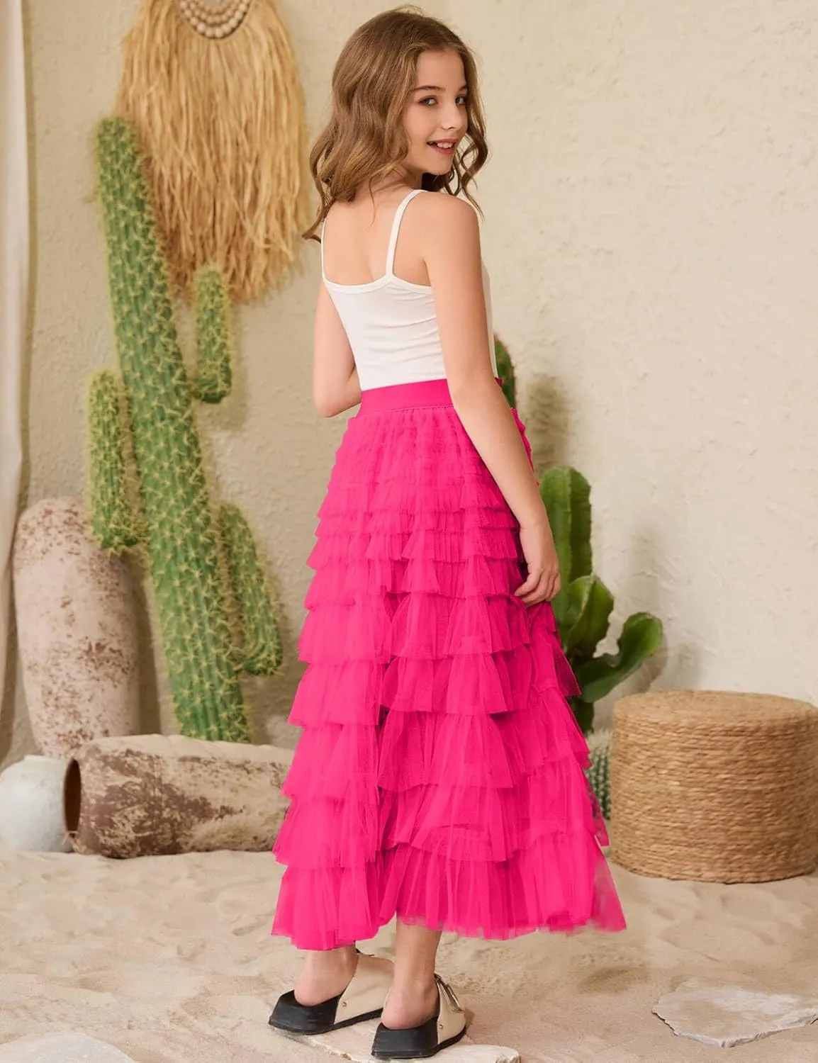 Flygo Tulle Skirts for Girls Long Tutu Skirt A Line Layered Ruffle Tiered Mesh Maxi Skirt Petticoat 5-14 Years