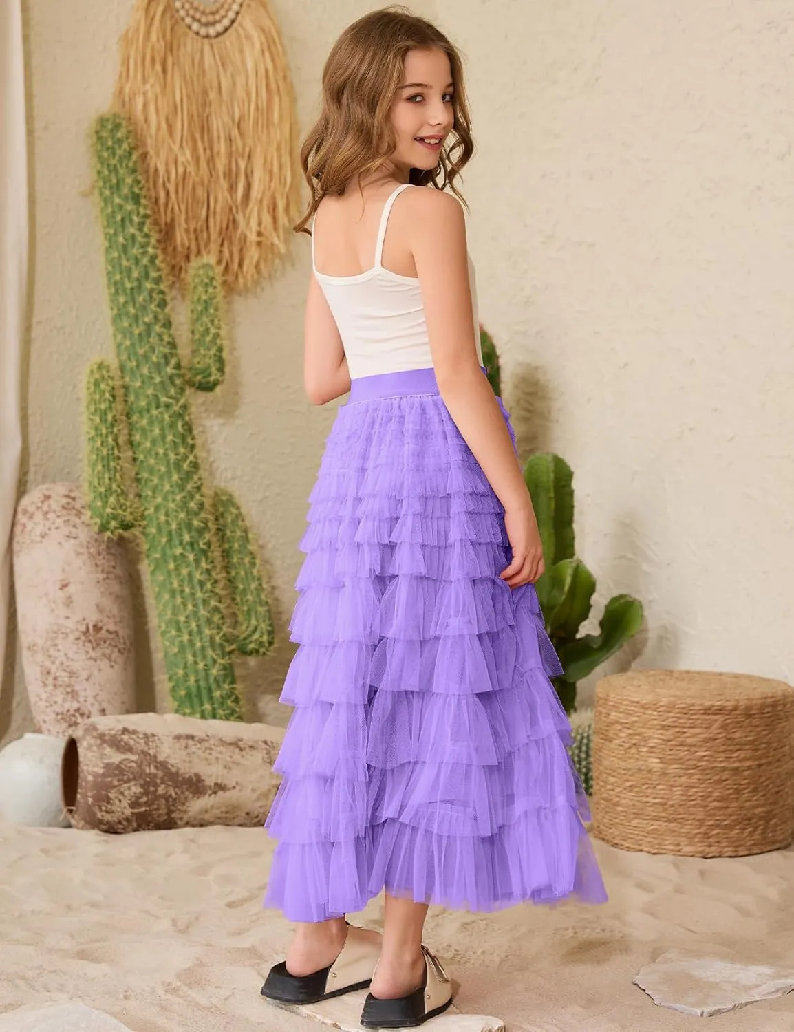 Flygo Tulle Skirts for Girls Long Tutu Skirt A Line Layered Ruffle Tiered Mesh Maxi Skirt Petticoat 5-14 Years