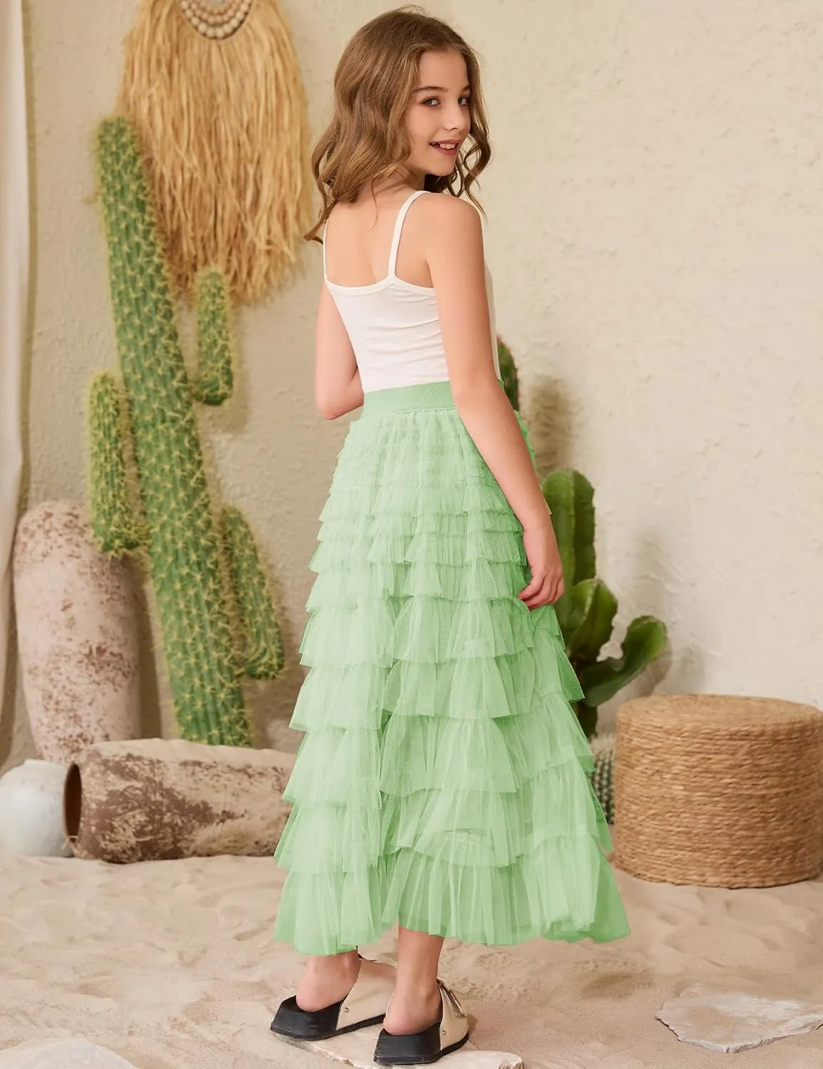 Flygo Tulle Skirts for Girls Long Tutu Skirt A Line Layered Ruffle Tiered Mesh Maxi Skirt Petticoat 5-14 Years