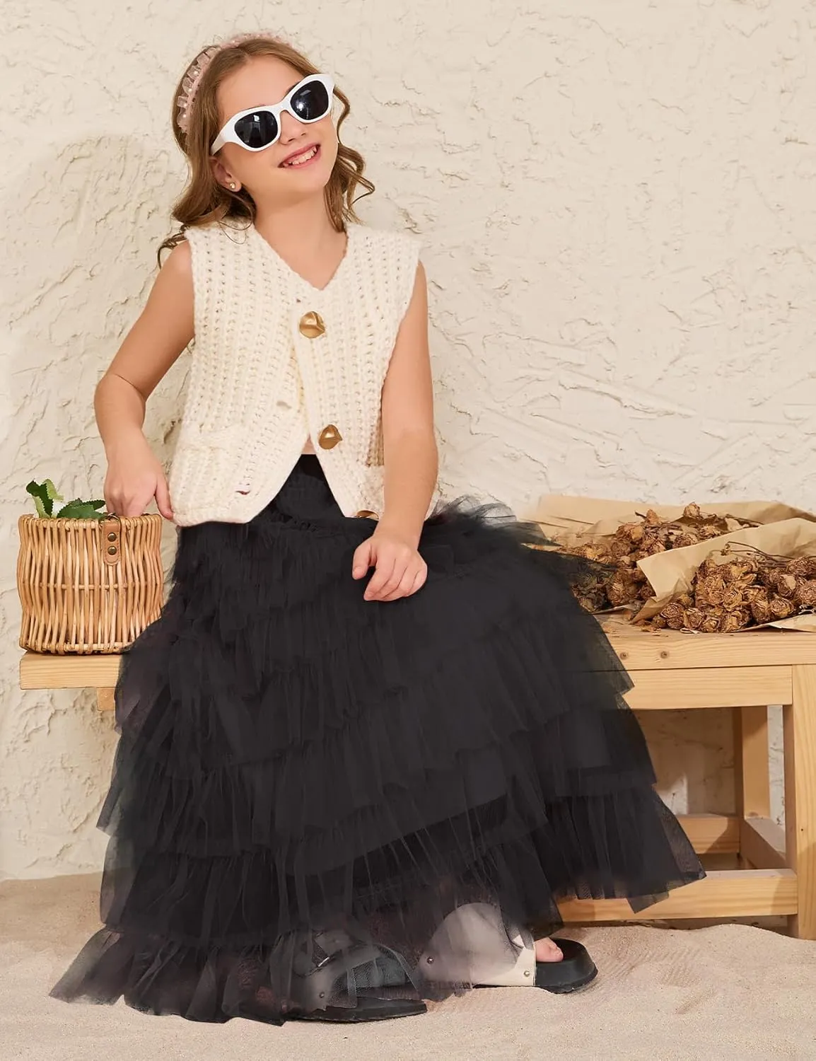 Flygo Tulle Skirts for Girls Long Tutu Skirt A Line Layered Ruffle Tiered Mesh Maxi Skirt Petticoat 5-14 Years