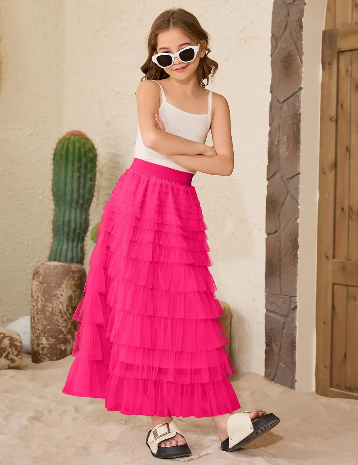 Flygo Tulle Skirts for Girls Long Tutu Skirt A Line Layered Ruffle Tiered Mesh Maxi Skirt Petticoat 5-14 Years
