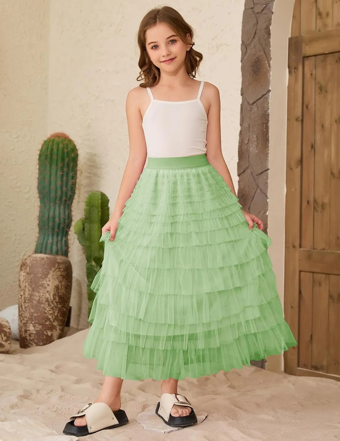 Flygo Tulle Skirts for Girls Long Tutu Skirt A Line Layered Ruffle Tiered Mesh Maxi Skirt Petticoat 5-14 Years