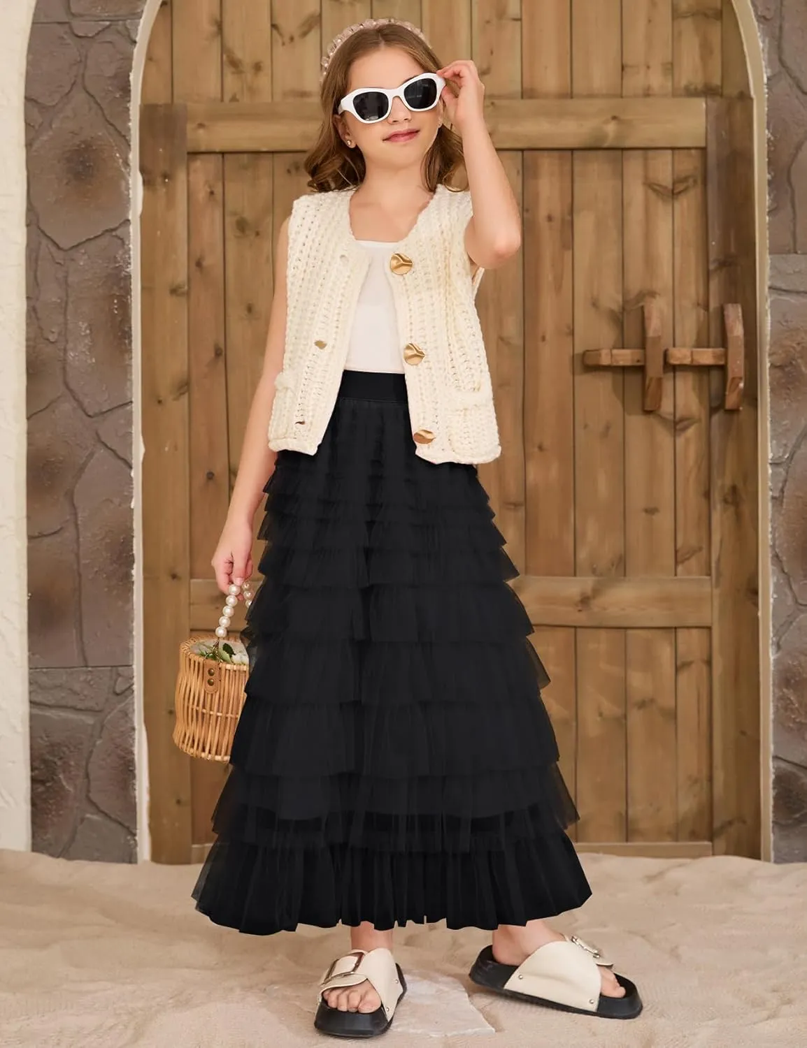Flygo Tulle Skirts for Girls Long Tutu Skirt A Line Layered Ruffle Tiered Mesh Maxi Skirt Petticoat 5-14 Years