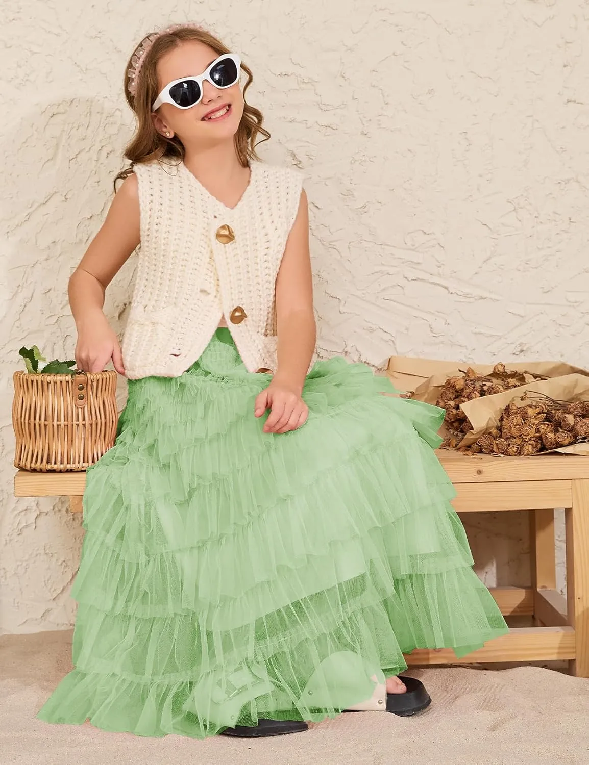 Flygo Tulle Skirts for Girls Long Tutu Skirt A Line Layered Ruffle Tiered Mesh Maxi Skirt Petticoat 5-14 Years