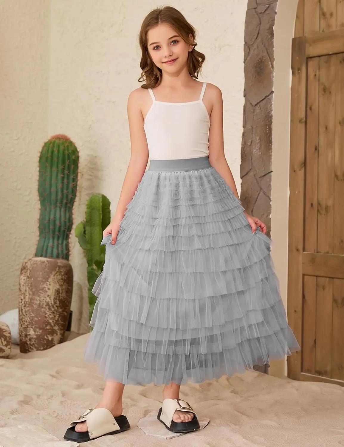 Flygo Tulle Skirts for Girls Long Tutu Skirt A Line Layered Ruffle Tiered Mesh Maxi Skirt Petticoat 5-14 Years