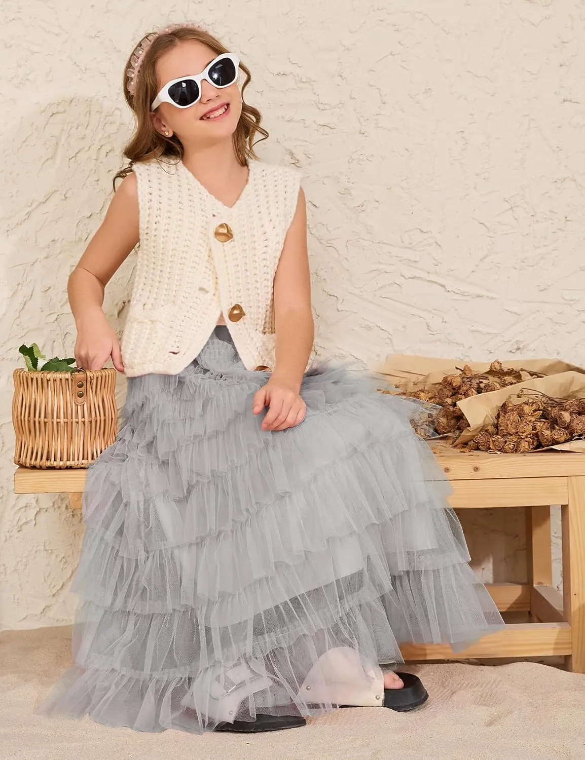 Flygo Tulle Skirts for Girls Long Tutu Skirt A Line Layered Ruffle Tiered Mesh Maxi Skirt Petticoat 5-14 Years