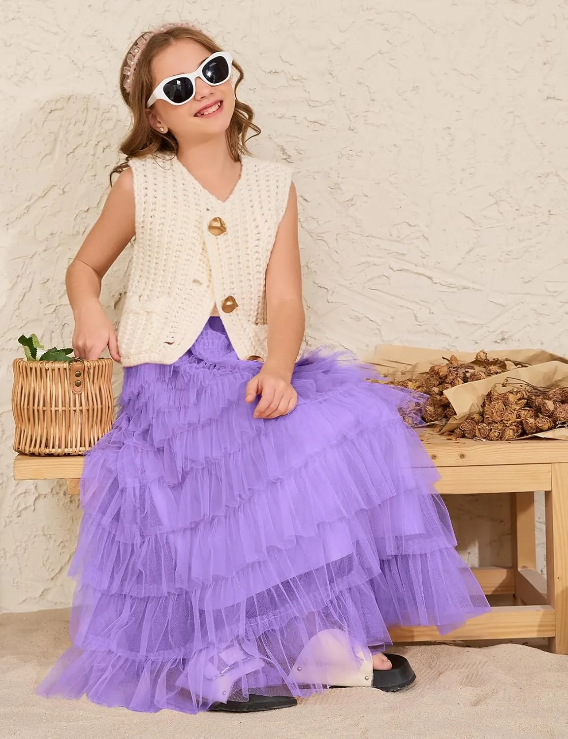 Flygo Tulle Skirts for Girls Long Tutu Skirt A Line Layered Ruffle Tiered Mesh Maxi Skirt Petticoat 5-14 Years