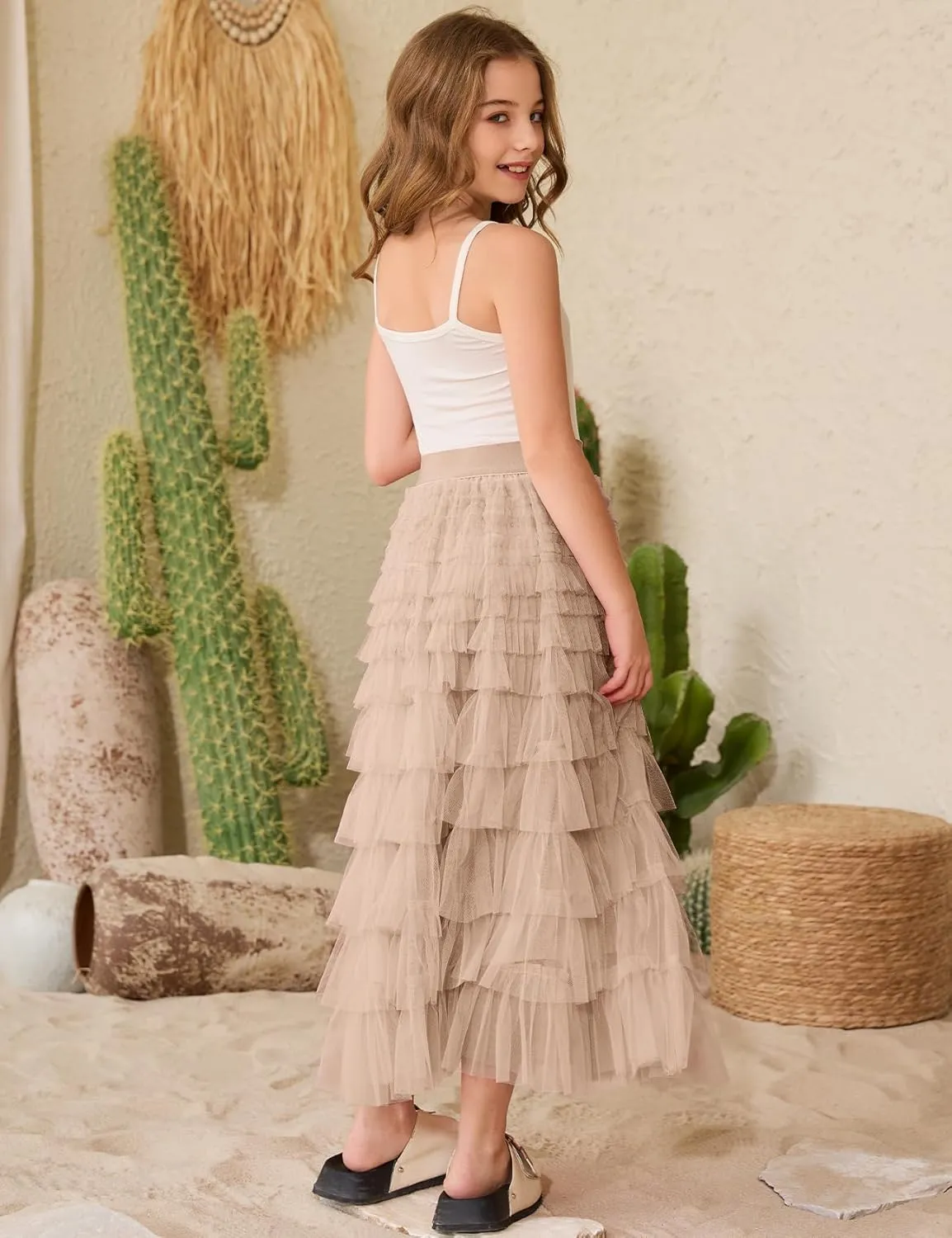 Flygo Tulle Skirts for Girls Long Tutu Skirt A Line Layered Ruffle Tiered Mesh Maxi Skirt Petticoat 5-14 Years
