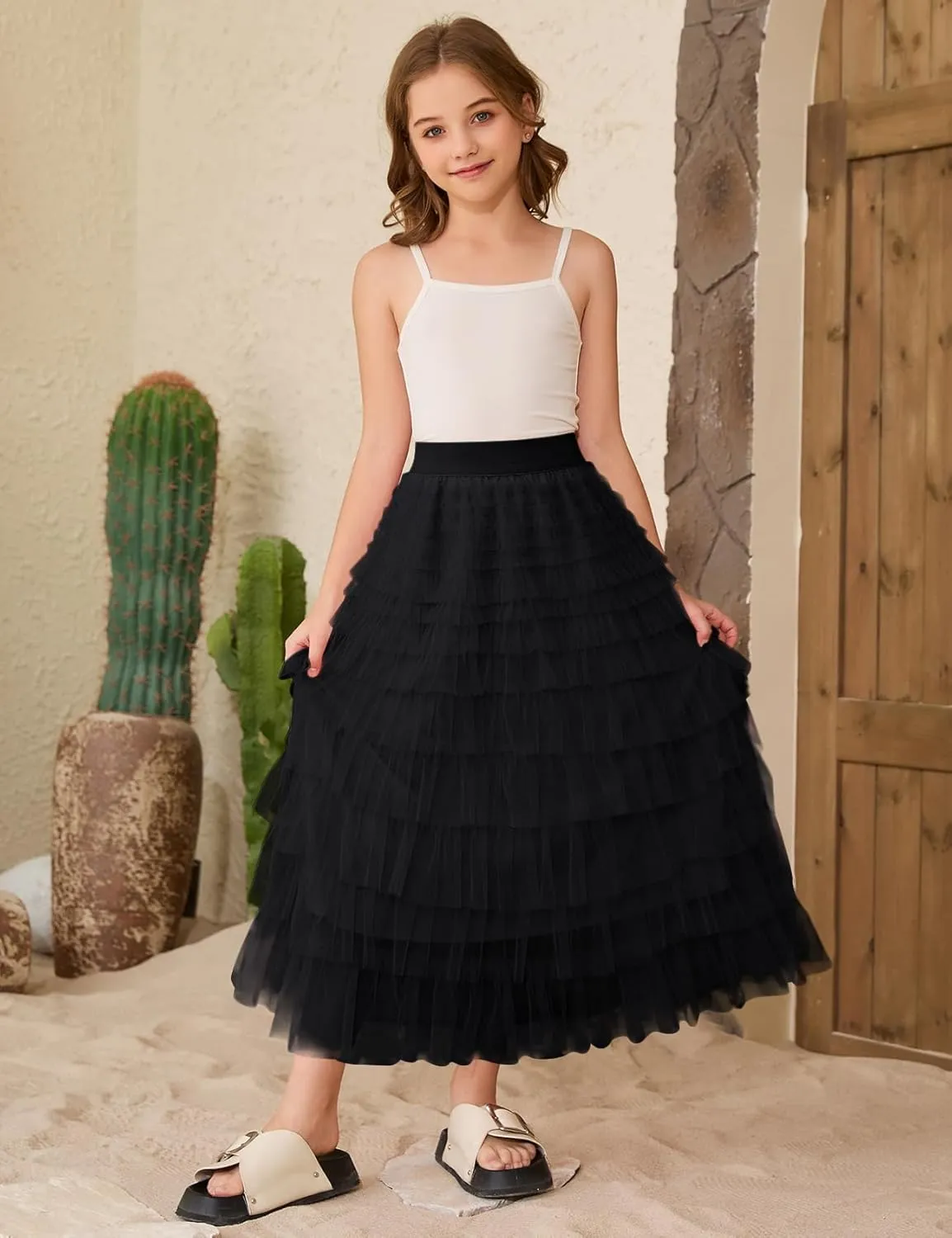 Flygo Tulle Skirts for Girls Long Tutu Skirt A Line Layered Ruffle Tiered Mesh Maxi Skirt Petticoat 5-14 Years