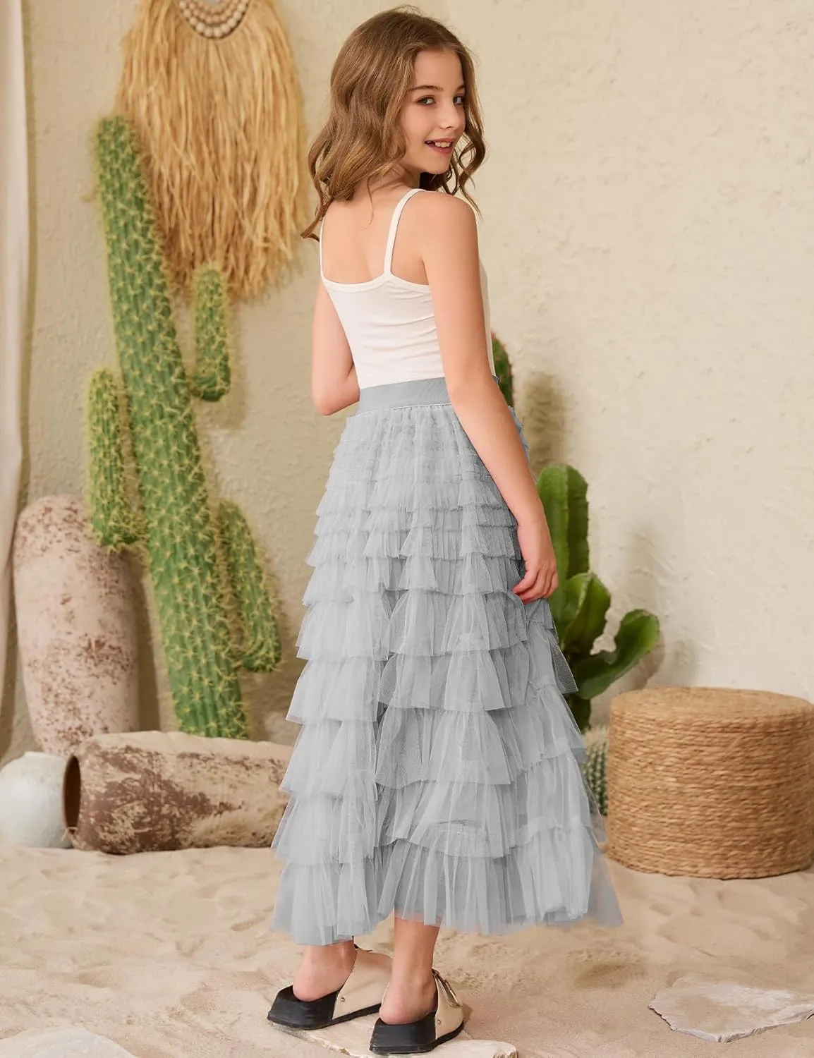 Flygo Tulle Skirts for Girls Long Tutu Skirt A Line Layered Ruffle Tiered Mesh Maxi Skirt Petticoat 5-14 Years