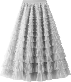 Flygo Tulle Skirts for Girls Long Tutu Skirt A Line Layered Ruffle Tiered Mesh Maxi Skirt Petticoat 5-14 Years