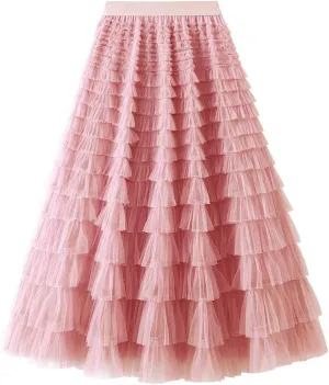 Flygo Tulle Skirts for Girls Long Tutu Skirt A Line Layered Ruffle Tiered Mesh Maxi Skirt Petticoat 5-14 Years