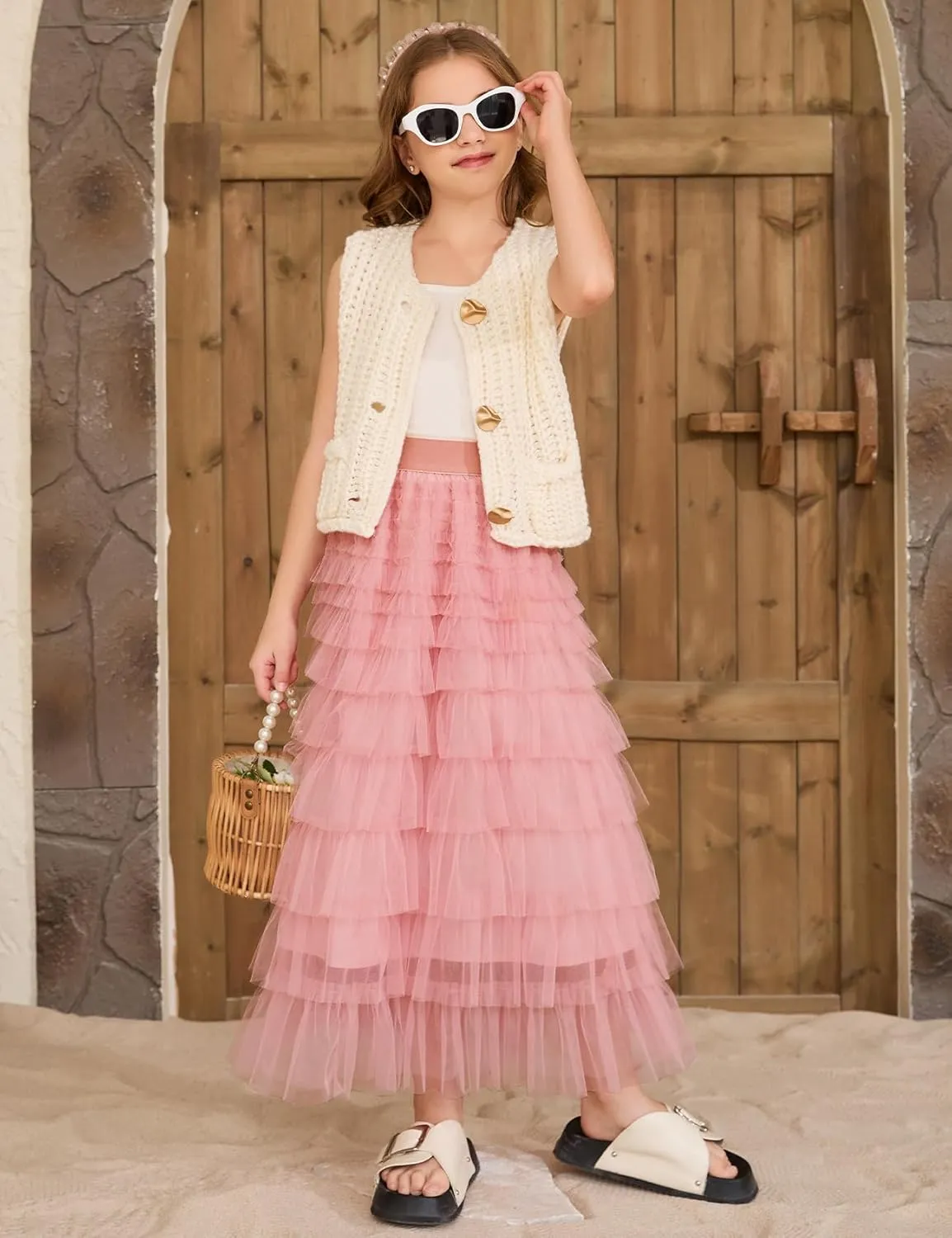 Flygo Tulle Skirts for Girls Long Tutu Skirt A Line Layered Ruffle Tiered Mesh Maxi Skirt Petticoat 5-14 Years