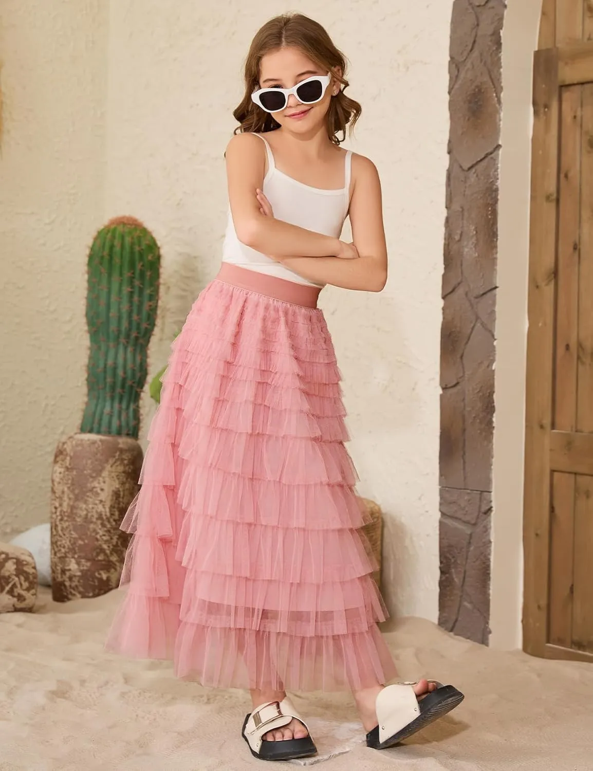 Flygo Tulle Skirts for Girls Long Tutu Skirt A Line Layered Ruffle Tiered Mesh Maxi Skirt Petticoat 5-14 Years
