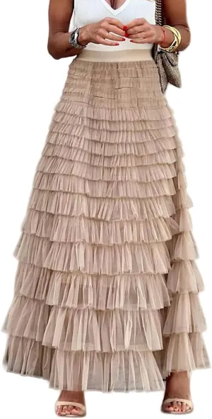 Flygo Women's Long Maxi Tulle Skirts A Line Ruffle High Waisted Tiered Layered Mesh Tutu Skirt Petticoat