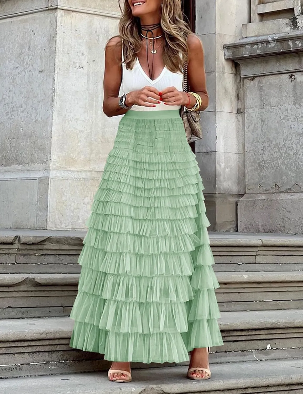 Flygo Women's Long Maxi Tulle Skirts A Line Ruffle High Waisted Tiered Layered Mesh Tutu Skirt Petticoat