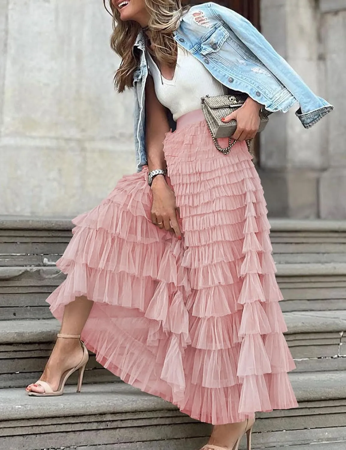 Flygo Women's Long Maxi Tulle Skirts A Line Ruffle High Waisted Tiered Layered Mesh Tutu Skirt Petticoat
