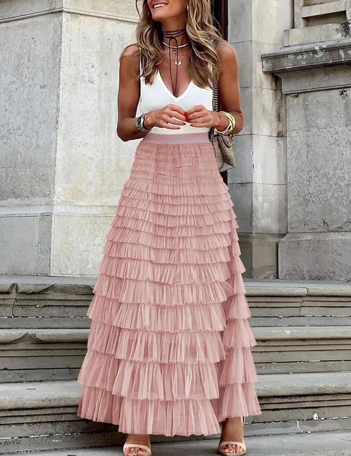 Flygo Women's Long Maxi Tulle Skirts A Line Ruffle High Waisted Tiered Layered Mesh Tutu Skirt Petticoat