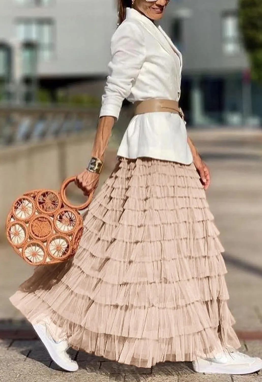 Flygo Women's Long Maxi Tulle Skirts A Line Ruffle High Waisted Tiered Layered Mesh Tutu Skirt Petticoat