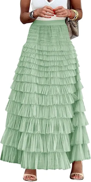 Flygo Women's Long Maxi Tulle Skirts A Line Ruffle High Waisted Tiered Layered Mesh Tutu Skirt Petticoat