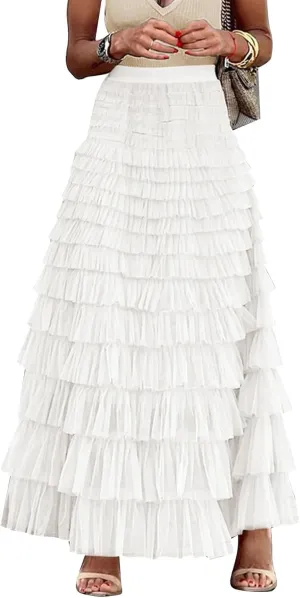 Flygo Women's Long Maxi Tulle Skirts A Line Ruffle High Waisted Tiered Layered Mesh Tutu Skirt Petticoat