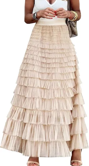 Flygo Women's Long Maxi Tulle Skirts A Line Ruffle High Waisted Tiered Layered Mesh Tutu Skirt Petticoat