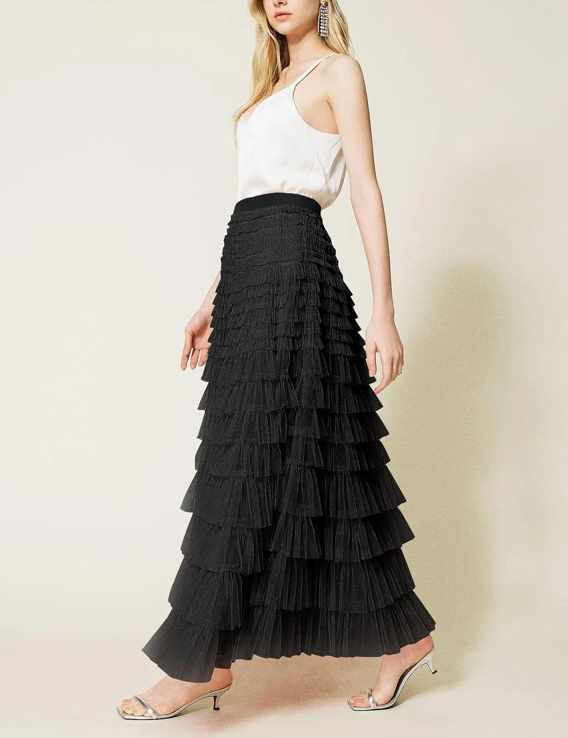 Flygo Women's Long Maxi Tulle Skirts A Line Ruffle High Waisted Tiered Layered Mesh Tutu Skirt Petticoat