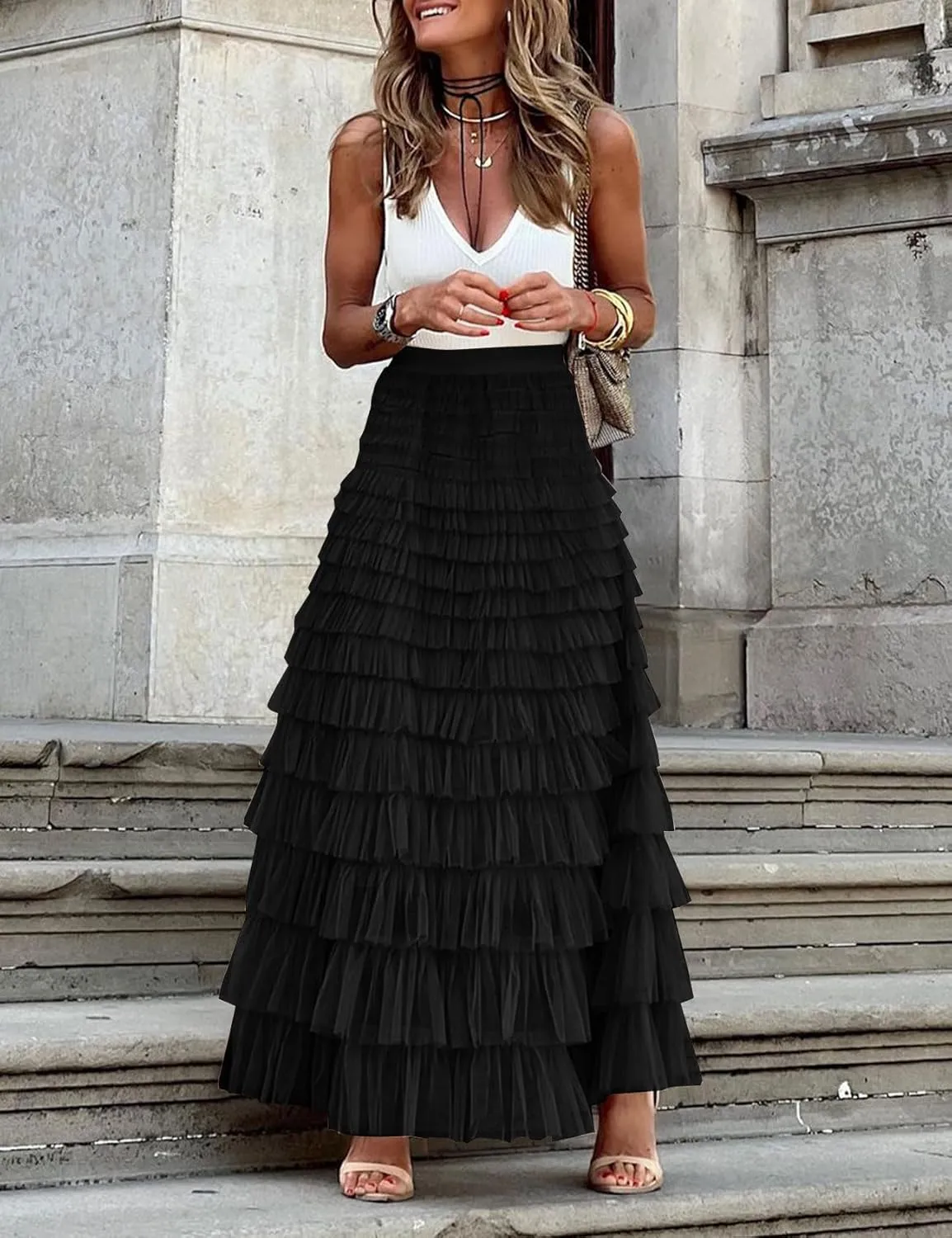 Flygo Women's Long Maxi Tulle Skirts A Line Ruffle High Waisted Tiered Layered Mesh Tutu Skirt Petticoat