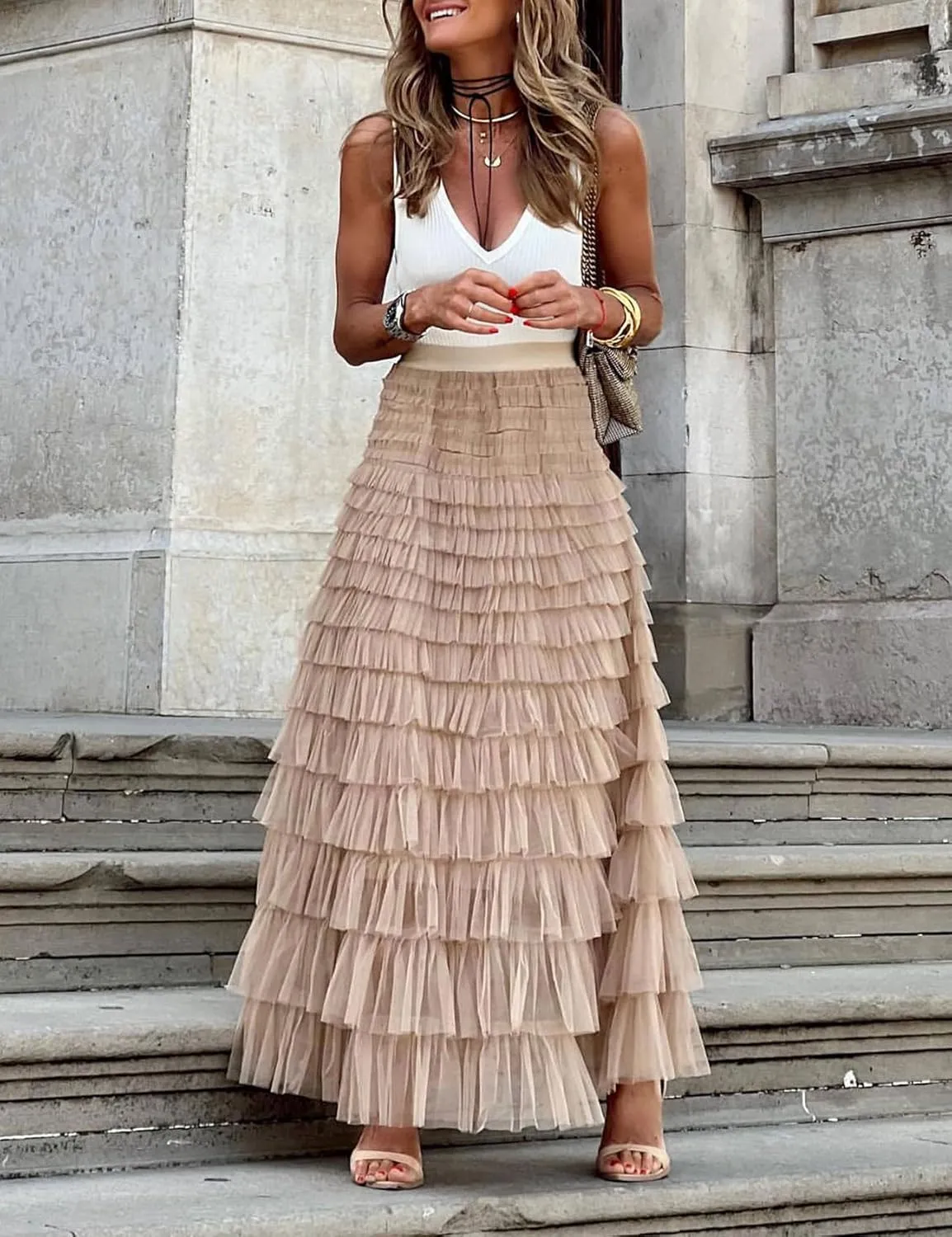 Flygo Women's Long Maxi Tulle Skirts A Line Ruffle High Waisted Tiered Layered Mesh Tutu Skirt Petticoat