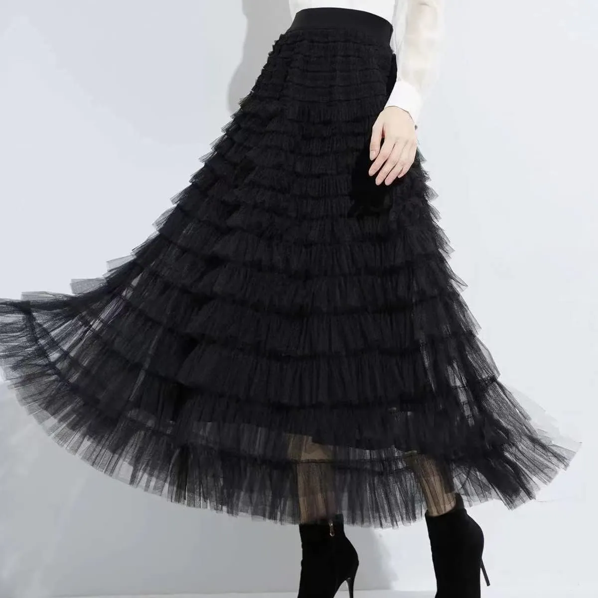 Flygo Women's Long Maxi Tulle Skirts A Line Ruffle High Waisted Tiered Layered Mesh Tutu Skirt Petticoat