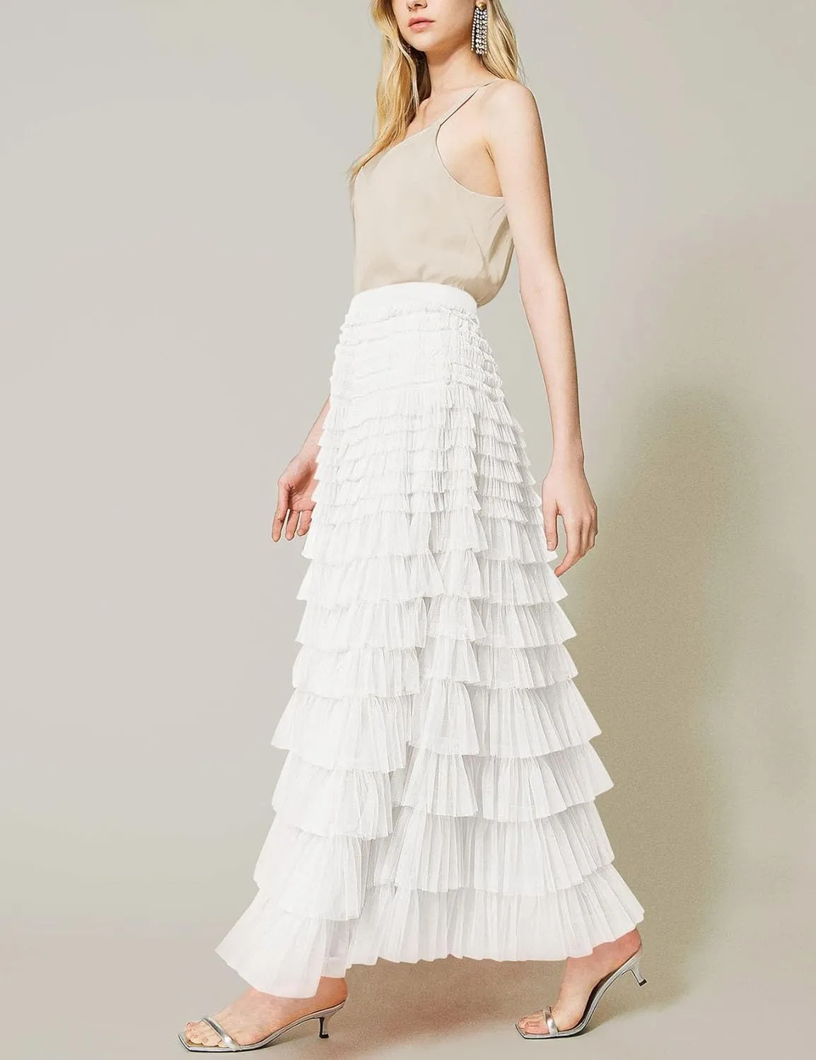 Flygo Women's Long Maxi Tulle Skirts A Line Ruffle High Waisted Tiered Layered Mesh Tutu Skirt Petticoat