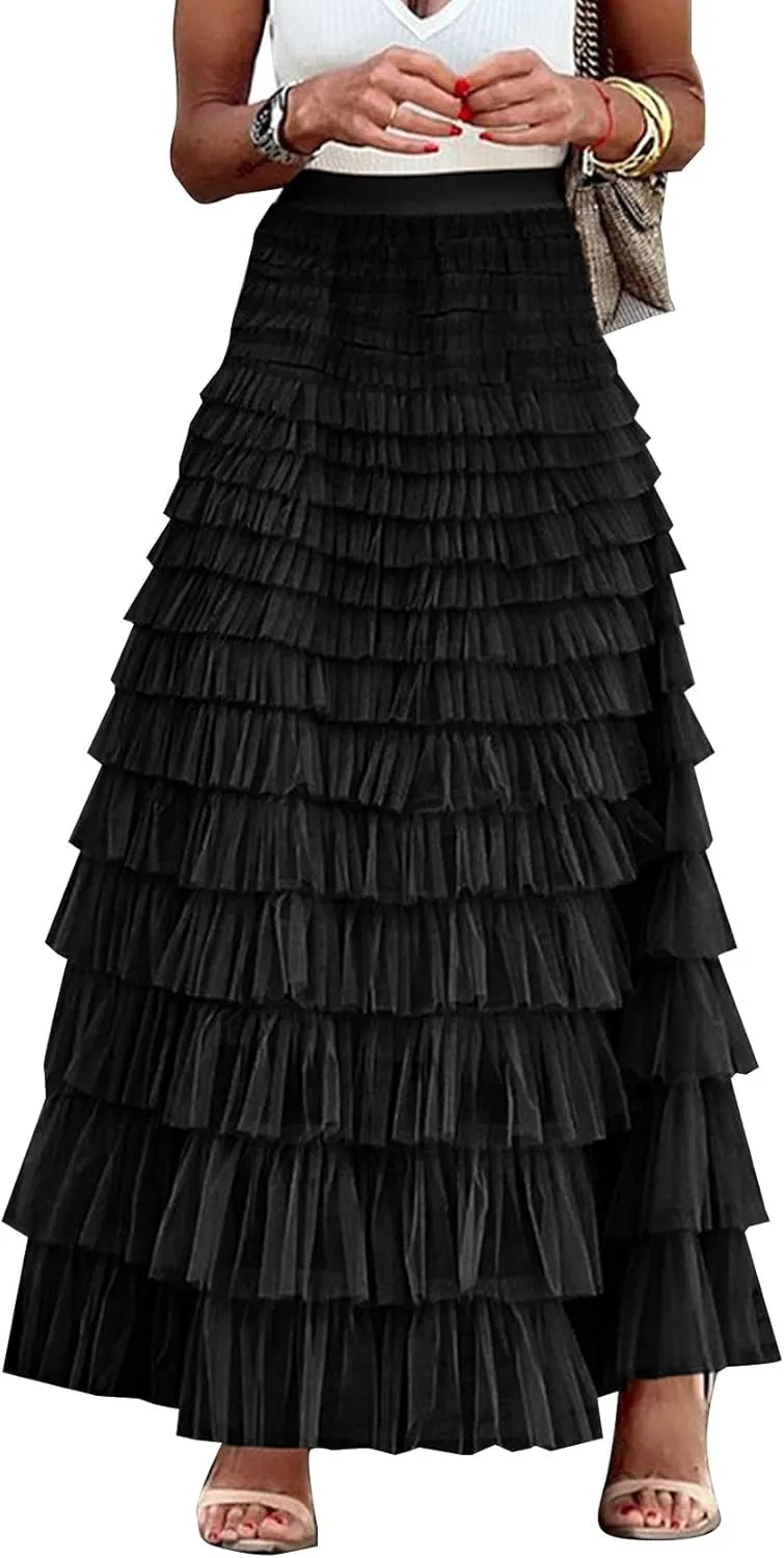 Flygo Women's Long Maxi Tulle Skirts A Line Ruffle High Waisted Tiered Layered Mesh Tutu Skirt Petticoat