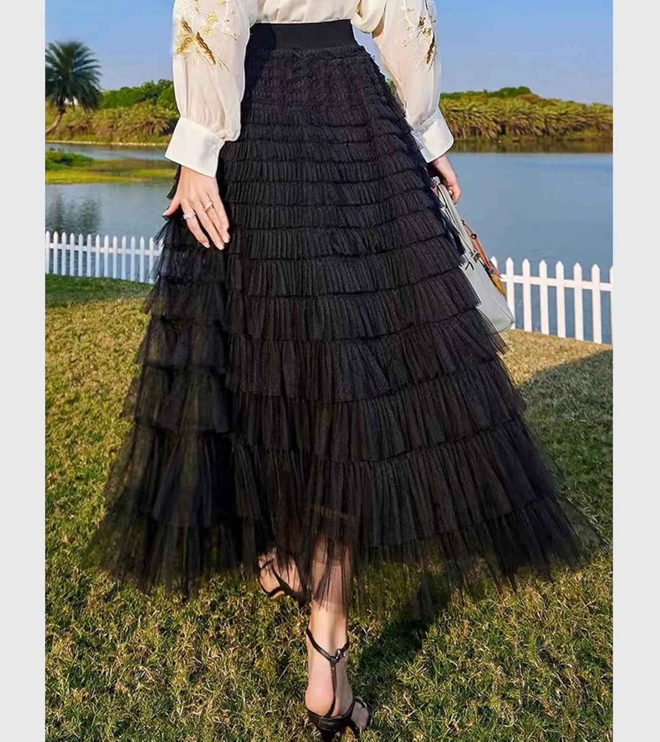 Flygo Women's Long Maxi Tulle Skirts A Line Ruffle High Waisted Tiered Layered Mesh Tutu Skirt Petticoat