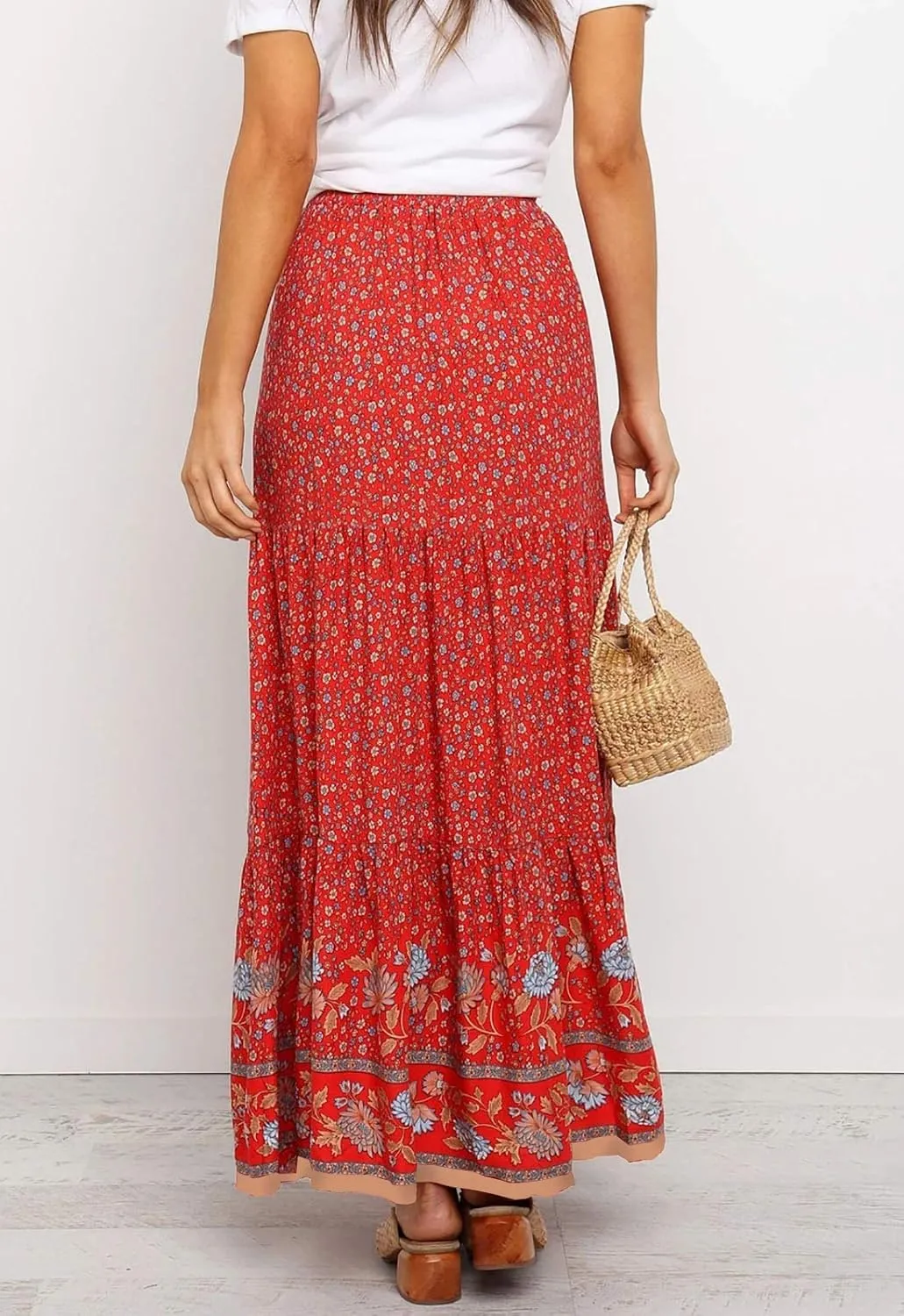 Flygo Women's Vintage Floral Print High Elastic Waist Pleated Maxi Long Boho Skirt