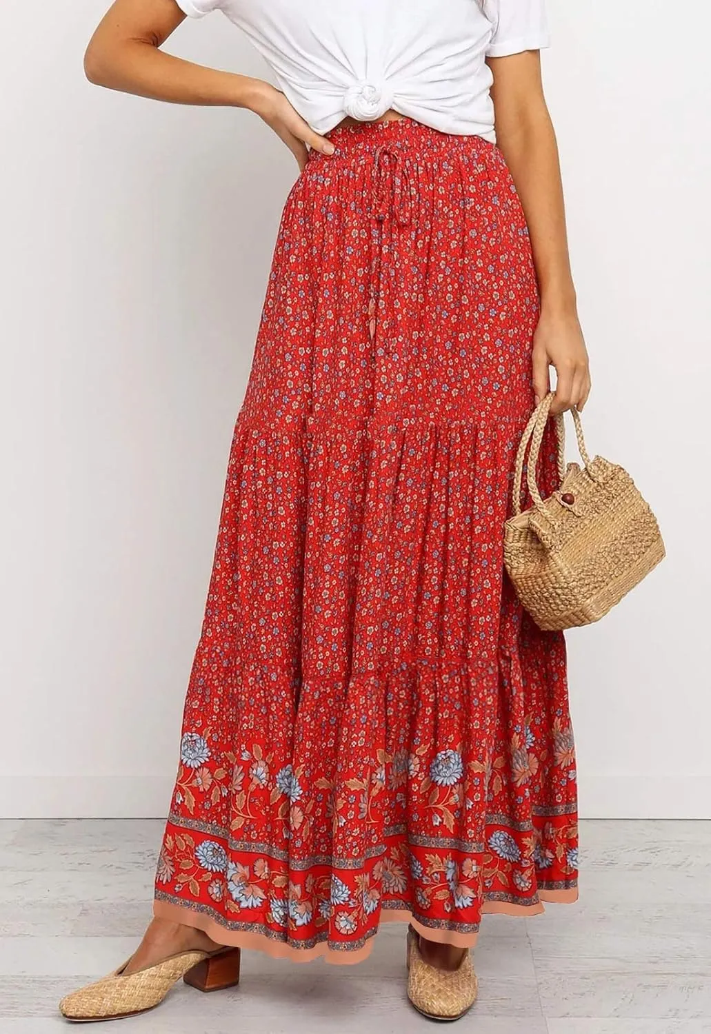 Flygo Women's Vintage Floral Print High Elastic Waist Pleated Maxi Long Boho Skirt