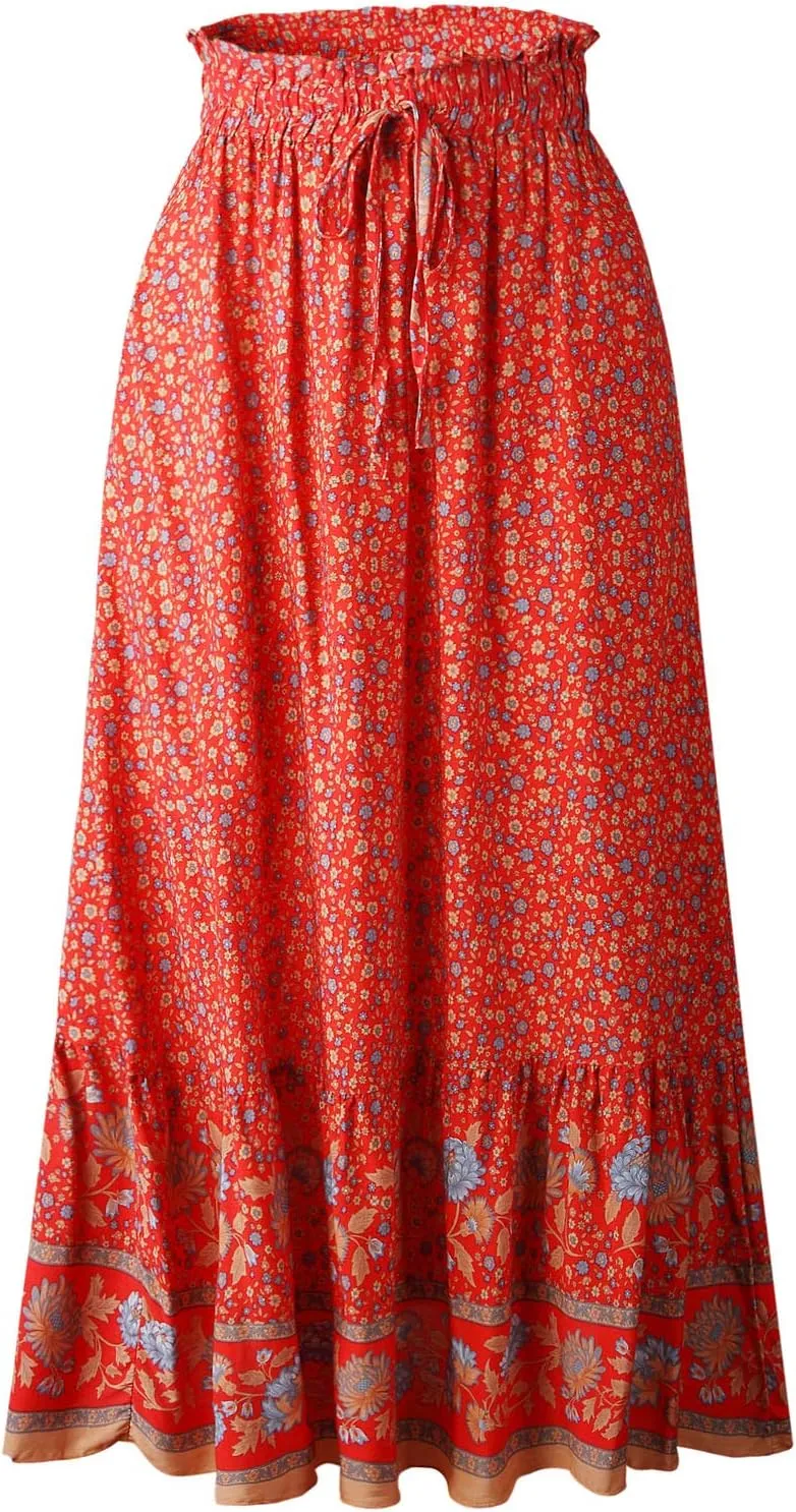 Flygo Women's Vintage Floral Print High Elastic Waist Pleated Maxi Long Boho Skirt