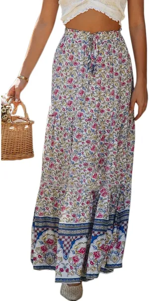 Flygo Women's Vintage Floral Print High Elastic Waist Pleated Maxi Long Boho Skirt