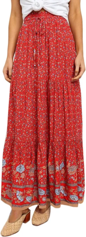 Flygo Women's Vintage Floral Print High Elastic Waist Pleated Maxi Long Boho Skirt