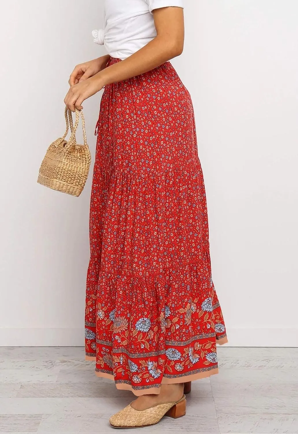 Flygo Women's Vintage Floral Print High Elastic Waist Pleated Maxi Long Boho Skirt