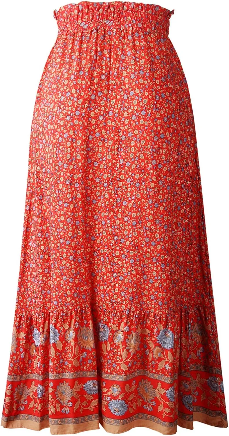 Flygo Women's Vintage Floral Print High Elastic Waist Pleated Maxi Long Boho Skirt