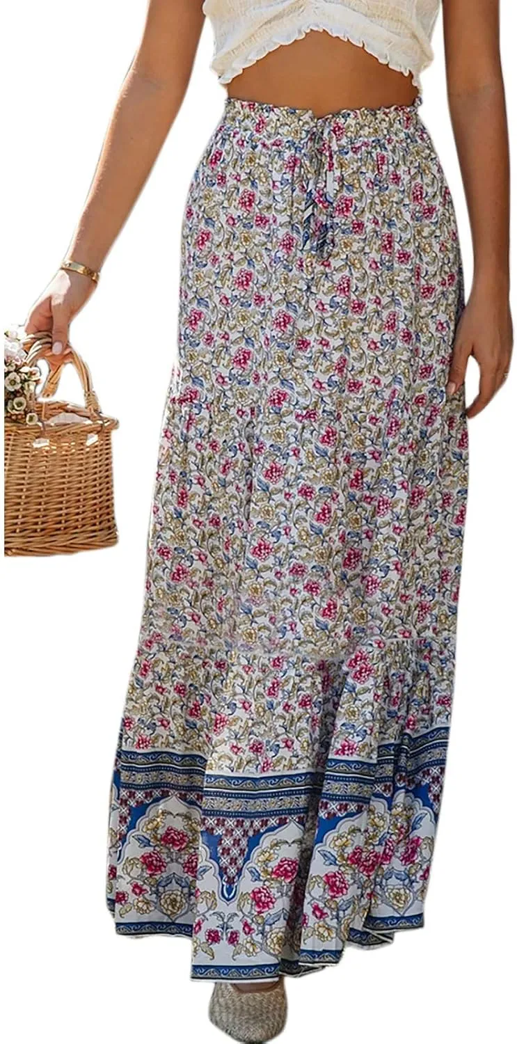 Flygo Women's Vintage Floral Print High Elastic Waist Pleated Maxi Long Boho Skirt