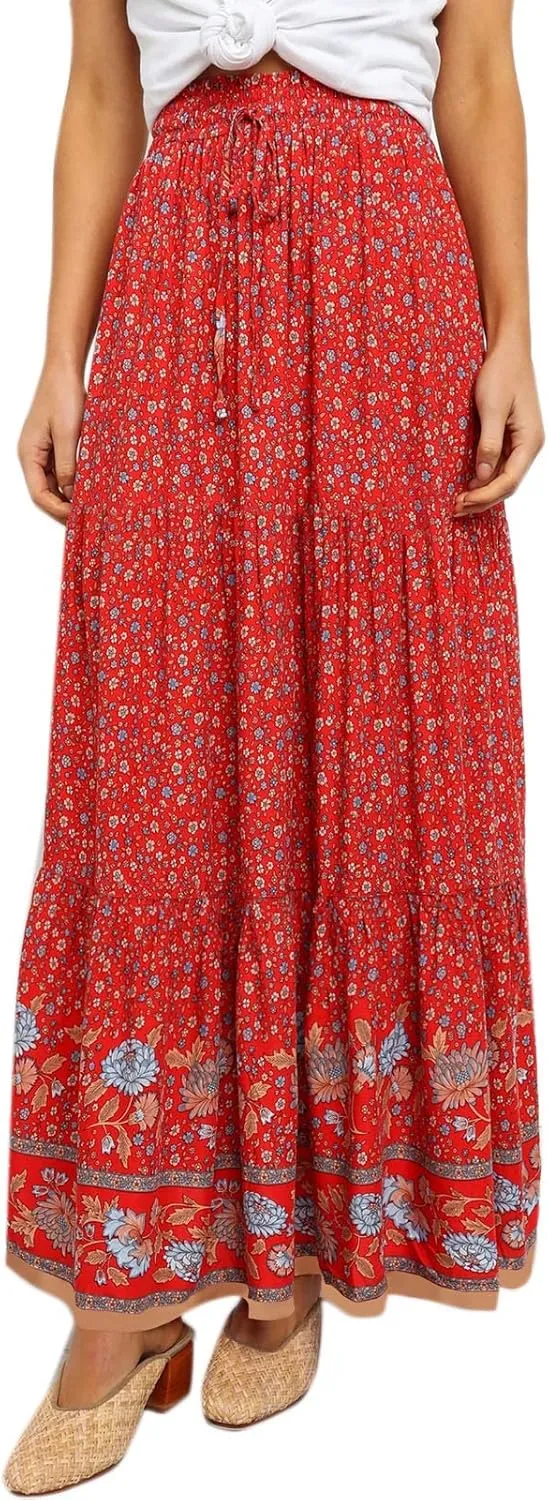 Flygo Women's Vintage Floral Print High Elastic Waist Pleated Maxi Long Boho Skirt