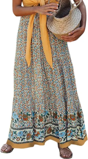 Flygo Women's Vintage Floral Print High Elastic Waist Pleated Maxi Long Boho Skirt