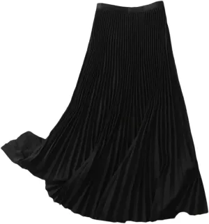 Fnfmrfmr Women Solid Long Pleated Skirts Elastic Band A Line Office Midi Skirt
