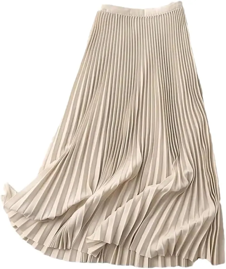 Fnfmrfmr Women Solid Long Pleated Skirts Elastic Band A Line Office Midi Skirt