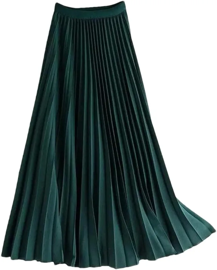Fnfmrfmr Women Solid Long Pleated Skirts Elastic Band A Line Office Midi Skirt