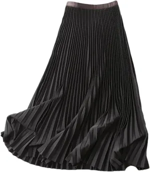 Fnfmrfmr Women Solid Long Pleated Skirts Elastic Band A Line Office Midi Skirt