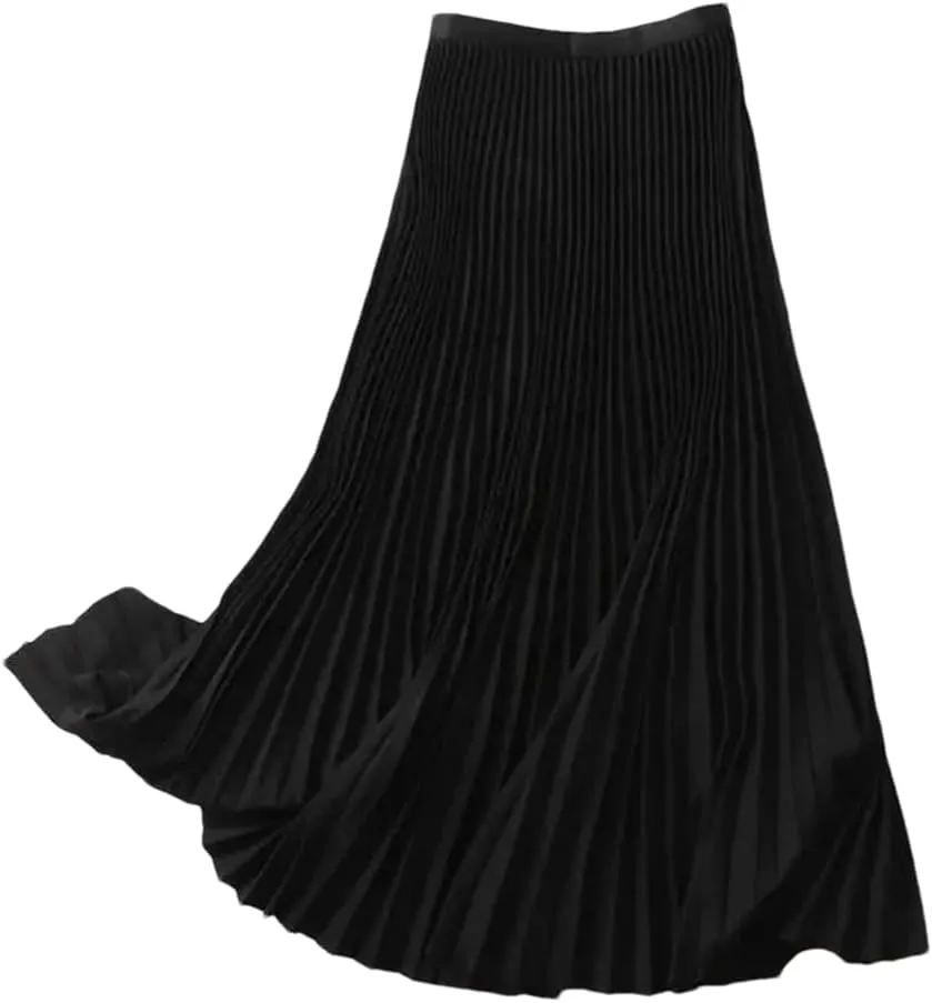 Fnfmrfmr Women Solid Long Pleated Skirts Elastic Band A Line Office Midi Skirt